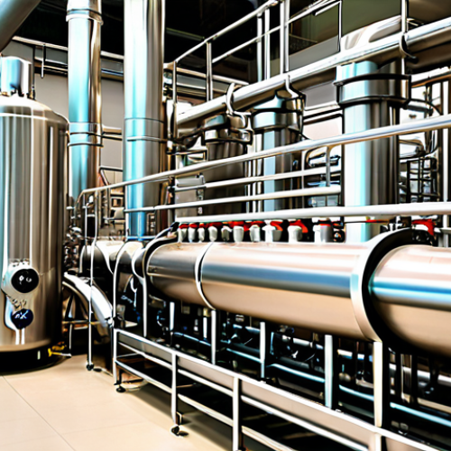 **

> A modern food processing plant interior showcasing membrane separation technology. Visualize gleaming stainless steel equipment with complex piping and digital displays. Focus on the clarity of the water being recycled and the efficient extraction process. Add subtle visual cues suggesting fruit juice or beverage production. The overall impression should be clean, technologically advanced, and environmentally conscious.

**