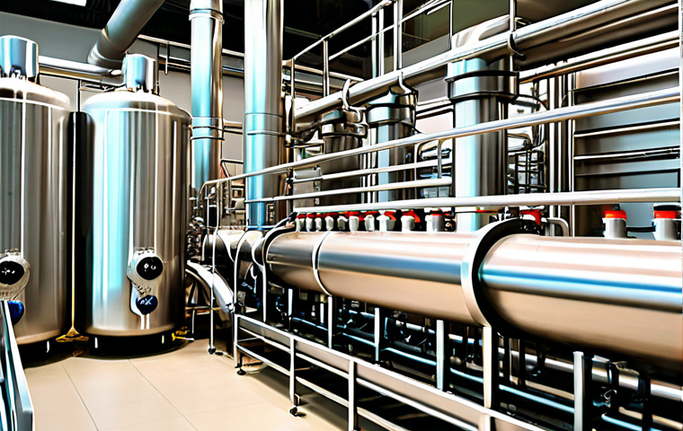 **

> A modern food processing plant interior showcasing membrane separation technology. Visualize gleaming stainless steel equipment with complex piping and digital displays. Focus on the clarity of the water being recycled and the efficient extraction process. Add subtle visual cues suggesting fruit juice or beverage production. The overall impression should be clean, technologically advanced, and environmentally conscious.

**