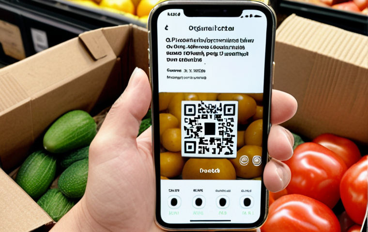 Food Traceability**

Prompt: "Close-up shot of a smartphone scanning a QR code on organic produce packaging. Blockchain interface visible on the phone screen, displaying detailed information about the food's origin, including farm location, soil data, and harvest date. Emphasis on transparency and trust. Natural lighting."

**