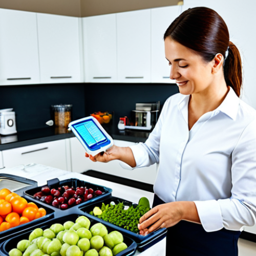 A young professional woman in her early 30s, dressed in a modest, smart casual outfit, is meticulously organizing fresh produce in a brightly lit, modern kitchen. She holds a transparent container featuring a visible, color-changing smart indicator on its label, demonstrating active food freshness monitoring. On the sleek countertop, a high-tech vacuum sealer is processing a bag of ingredients, emphasizing advanced home preservation. The scene highlights efficiency and a commitment to reducing food waste. Professional photography, high detail, perfect anatomy, correct proportions, natural pose, well-formed hands, proper finger count, natural body proportions, fully clothed, modest clothing, appropriate attire, family-friendly, safe for work, appropriate content.