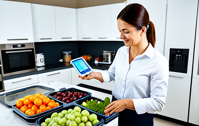 A young professional woman in her early 30s, dressed in a modest, smart casual outfit, is meticulously organizing fresh produce in a brightly lit, modern kitchen. She holds a transparent container featuring a visible, color-changing smart indicator on its label, demonstrating active food freshness monitoring. On the sleek countertop, a high-tech vacuum sealer is processing a bag of ingredients, emphasizing advanced home preservation. The scene highlights efficiency and a commitment to reducing food waste. Professional photography, high detail, perfect anatomy, correct proportions, natural pose, well-formed hands, proper finger count, natural body proportions, fully clothed, modest clothing, appropriate attire, family-friendly, safe for work, appropriate content.