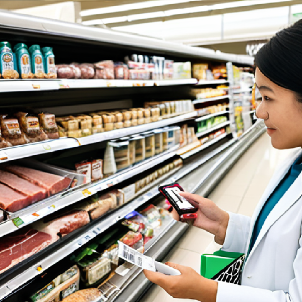 DNA Food Analysis - Supermarket Scene**

"A brightly lit supermarket aisle, focus on a shopper (male or female, any ethnicity, fully clothed in casual attire) examining a package of meat.  The package has a QR code prominently displayed. In the background, other shoppers are browsing.  Include a subtle overlay graphic representing DNA strands.  Safe for work, appropriate content, fully clothed, professional, natural body proportions, perfect anatomy, well-formed hands, high quality, food safety concept, modern, clean."

**