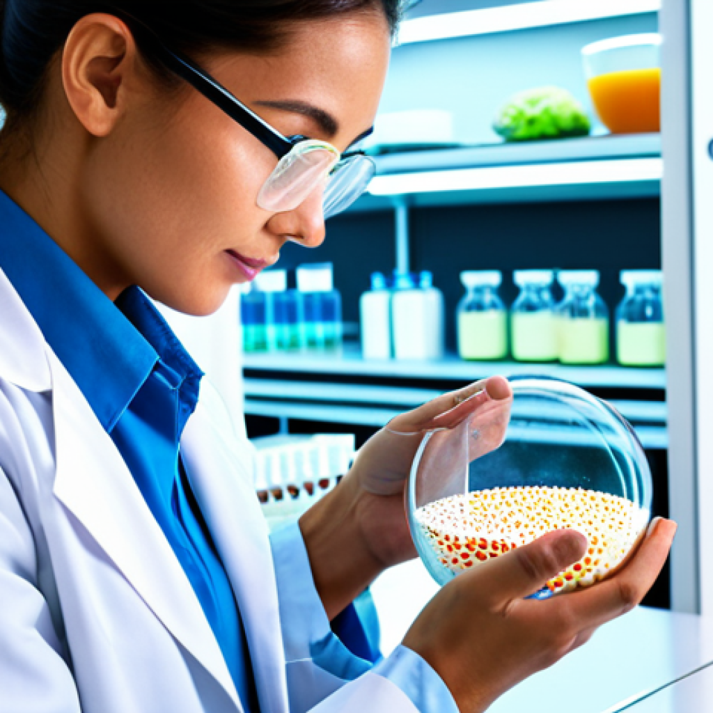 **

A brightly lit, modern laboratory setting. A scientist in a lab coat examines a petri dish containing colorful, microscopic structures (representing nano particles). In the background, stylized food products (milk, juice) are displayed. Text overlay: "Nano Foods: Enhanced Nutrition, Potential Risks. Safe for work, appropriate content, fully clothed, professional, perfect anatomy, natural proportions, high quality."

**
