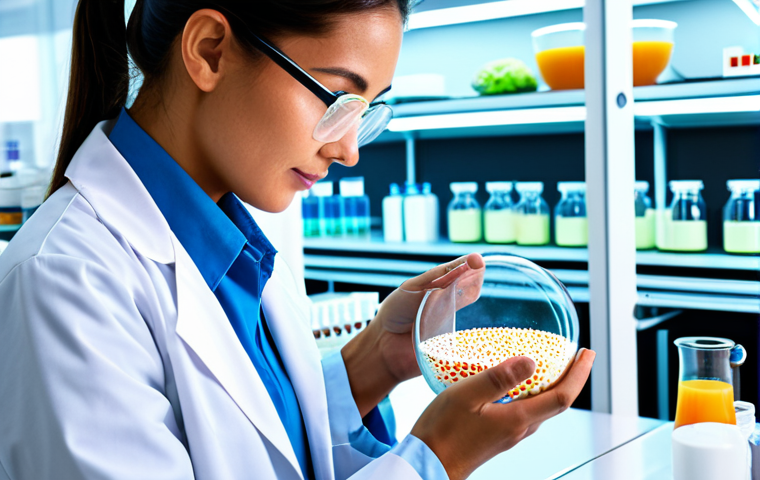 **

A brightly lit, modern laboratory setting. A scientist in a lab coat examines a petri dish containing colorful, microscopic structures (representing nano particles). In the background, stylized food products (milk, juice) are displayed. Text overlay: "Nano Foods: Enhanced Nutrition, Potential Risks. Safe for work, appropriate content, fully clothed, professional, perfect anatomy, natural proportions, high quality."

**