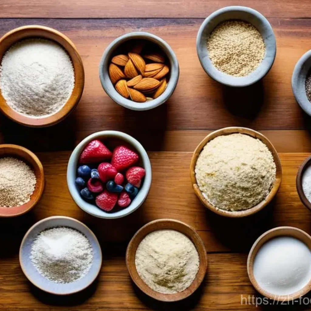글루텐프리 식품 개발 - **Prompt:** A high-angle, artfully arranged flat lay of various gluten-free flours and ingredients o...