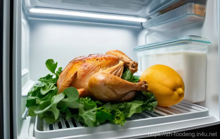 식품에서의 오염물질 제거 방법 - A realistic, brightly lit close-up inside an open refrigerator. The top shelf contains a slightly aj...