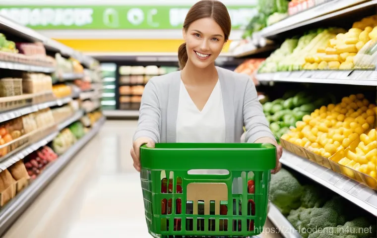 식품포장재 개발 트렌드 - **Prompt for Eco-Friendly Packaging:**
    A brightly lit, clean supermarket aisle showcases a varie...