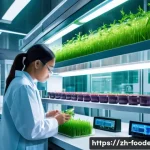 식품 바이오기술 - A vibrant, futuristic laboratory scene showcasing gene-edited crops like rice and tomatoes with enha...