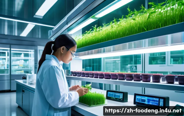 식품 바이오기술 - A vibrant, futuristic laboratory scene showcasing gene-edited crops like rice and tomatoes with enha...