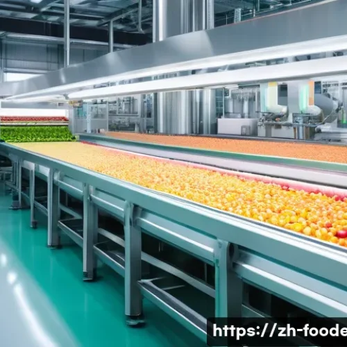 식품 가공 공정의 지속 가능성 연구 - A modern food processing factory interior featuring advanced smart equipment with digital control pa...