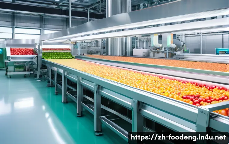 식품 가공 공정의 지속 가능성 연구 - A modern food processing factory interior featuring advanced smart equipment with digital control pa...