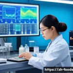 식품에서의 메타볼로믹스 연구 - A high-tech laboratory scene showing a scientist analyzing coffee beans with advanced mass spectrome...