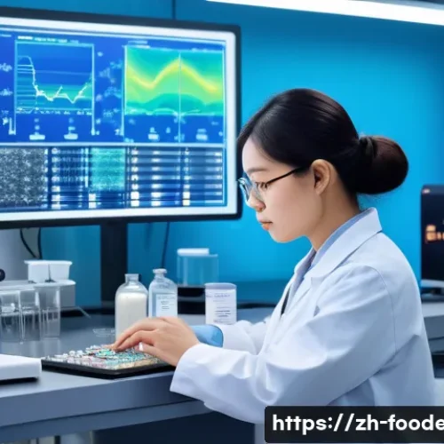 식품에서의 메타볼로믹스 연구 - A high-tech laboratory scene showing a scientist analyzing coffee beans with advanced mass spectrome...