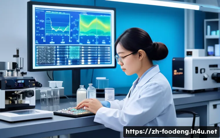식품에서의 메타볼로믹스 연구 - A high-tech laboratory scene showing a scientist analyzing coffee beans with advanced mass spectrome...