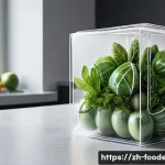 식품 공학에서의 생체모방 기술 - A futuristic eco-friendly food packaging scene showcasing bionic materials inspired by plant fibers ...