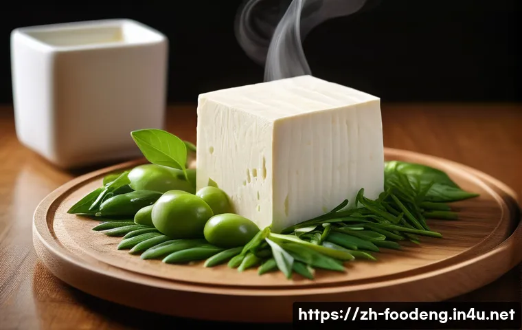 식품의 가수분해 기술 활용 - A close-up, hyper-realistic image of a soft tofu block on a traditional wooden plate, with steam gen...