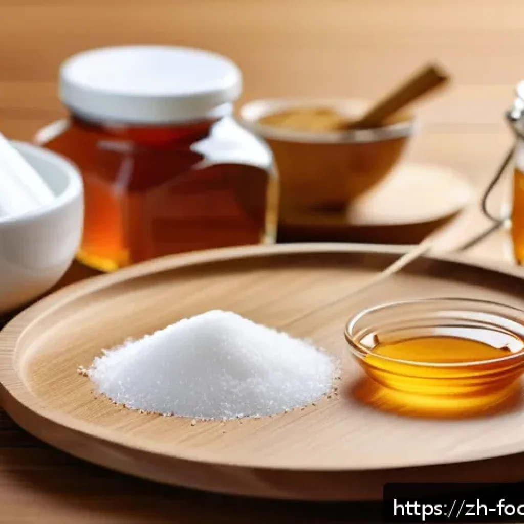 식품 감미료 연구 - A detailed, realistic illustration of various sweeteners displayed on a wooden table: natural sweete...