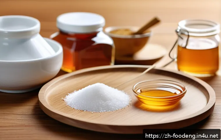 식품 감미료 연구 - A detailed, realistic illustration of various sweeteners displayed on a wooden table: natural sweete...