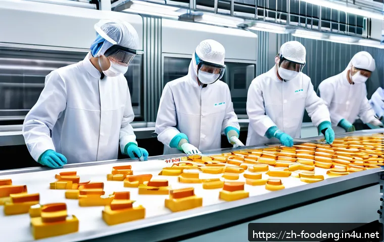 식품 산업에서의 인공지능 로봇 활용 - A modern smart food production line in a clean, brightly lit factory setting, featuring advanced AI-...