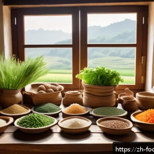 식품에서의 전통 식문화 연구 - A vibrant traditional Chinese kitchen scene showcasing a variety of local seasonal ingredients laid ...