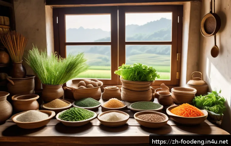 식품에서의 전통 식문화 연구 - A vibrant traditional Chinese kitchen scene showcasing a variety of local seasonal ingredients laid ...