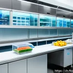 식품품질관리 기준 - A modern food safety laboratory scene with scientists in white lab coats wearing protective masks an...
