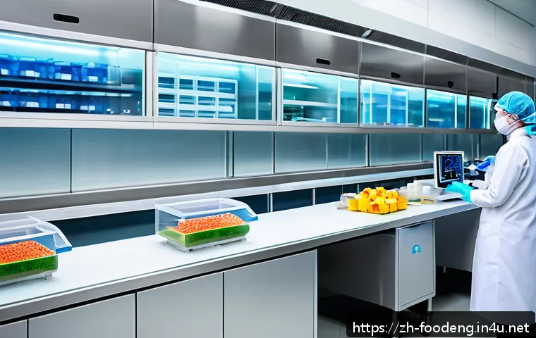 식품품질관리 기준 - A modern food safety laboratory scene with scientists in white lab coats wearing protective masks an...