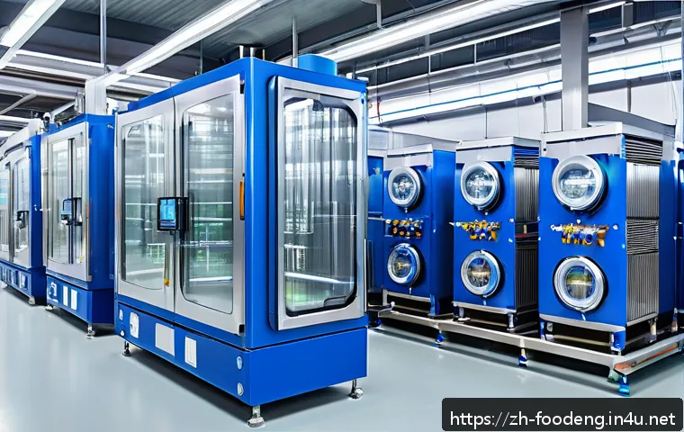 식품 가공에서의 초전도 기술 - A futuristic food processing factory interior showcasing superconducting electric motors and heating...