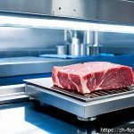 초음파를 이용한 식품 가공 - A high-tech food processing laboratory scene showing an advanced ultrasonic device tenderizing a raw...