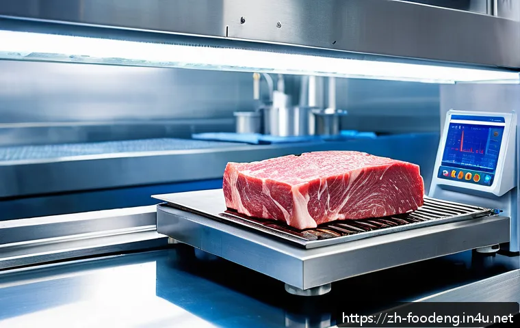 초음파를 이용한 식품 가공 - A high-tech food processing laboratory scene showing an advanced ultrasonic device tenderizing a raw...