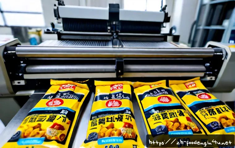 식품 포장 인쇄 기술 - Photorealistic close-up of a modern food packaging printing press producing colorful flexible snack ...