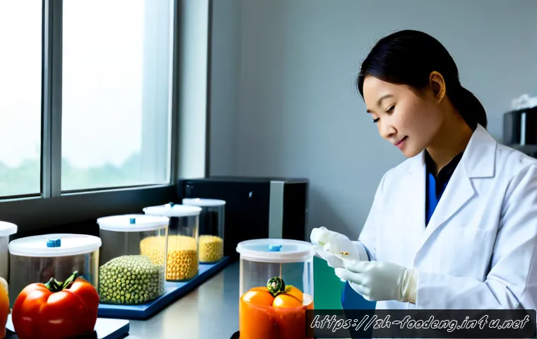 식품에서의 유전자 변형 기술 - Photorealistic food science laboratory scene, a researcher in clean white protective coat and gloves...