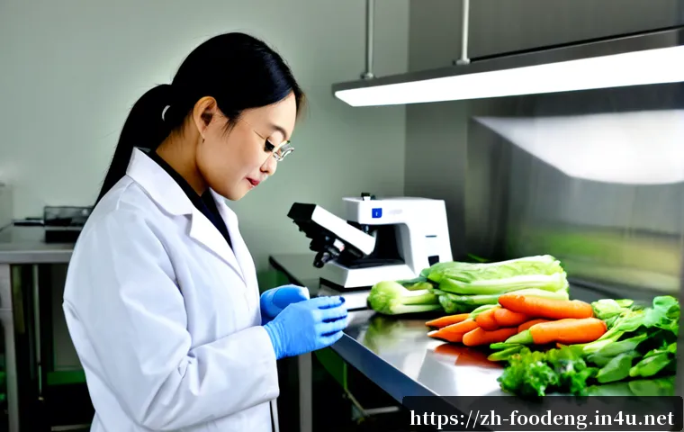 식품 안전을 위한 인공지능 활용 - Photorealistic food safety laboratory, a food scientist in a clean white coat examining fresh vegeta...