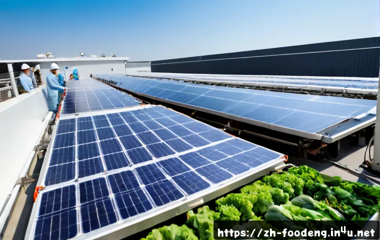 식품 산업에서의 ESG 경영 - Photorealistic modern food processing facility powered by rooftop solar panels, workers in clean pro...