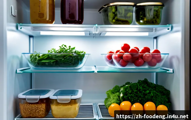 식품저장 방법 - Photorealistic organized home kitchen refrigerator interior, clear glass containers of fresh vegetab...