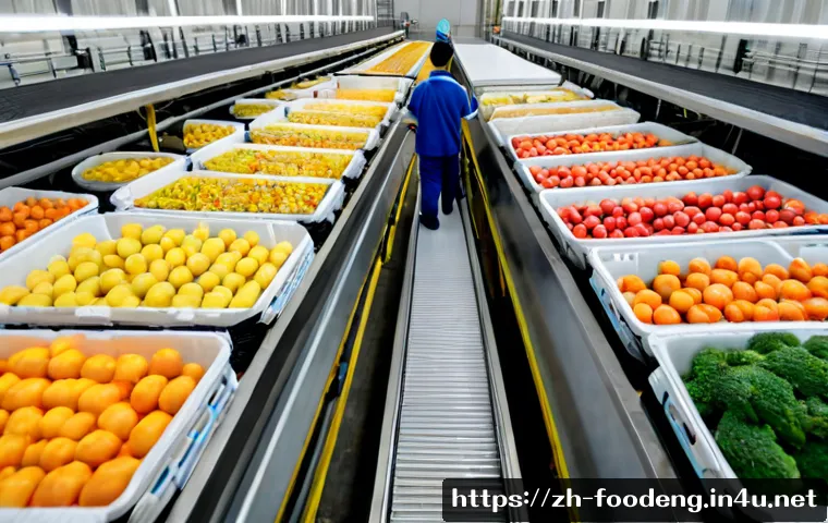 식품 유통과 물류 시스템 - Photorealistic modern food distribution center, organized rows of fresh vegetables, fruit crates, an...