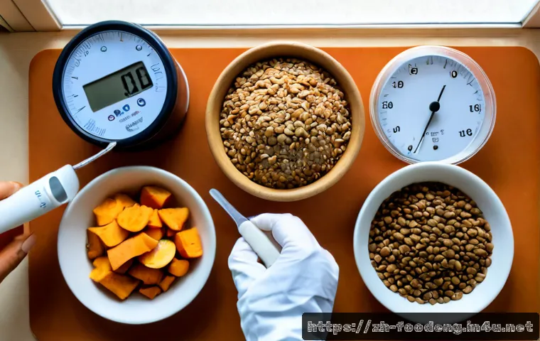 식품의 글리세믹 지수 연구 - Photorealistic nutrition research scene, overhead view of a clean laboratory table with carefully ar...