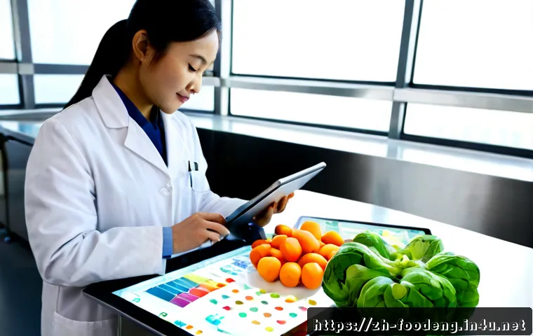 식품 산업에서의 데이터 사이언스 응용 - Photorealistic food quality laboratory, a data scientist in clean white lab coat examining fresh veg...