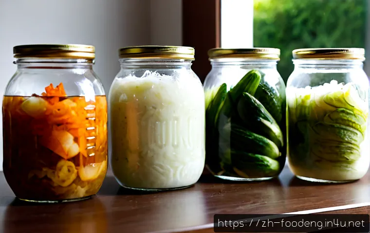 발효식품과 미생물 - Photorealistic close-up of an elegant kitchen table displaying assorted fermented foods in clear gla...